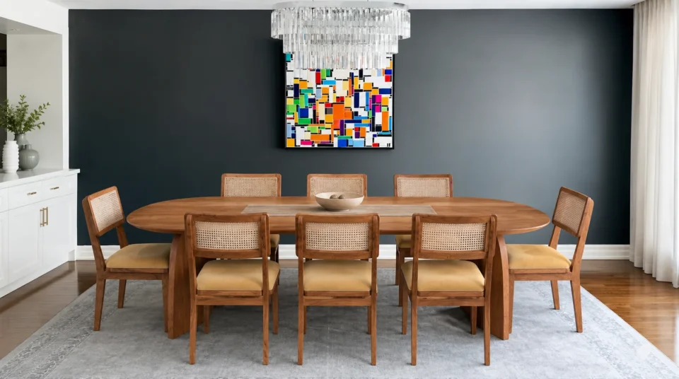 Handcrafted solid teak dining table with natural wood grain finish in a modern luxury villa dining room