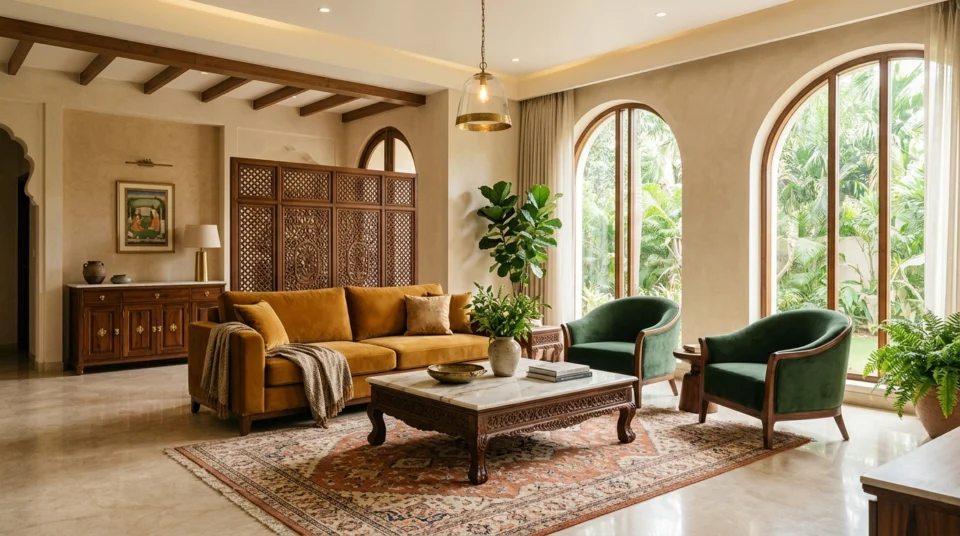 Handcrafted solid teak luxury sofa and marble coffee table by Zaioraa in a modern Indian penthouse living room