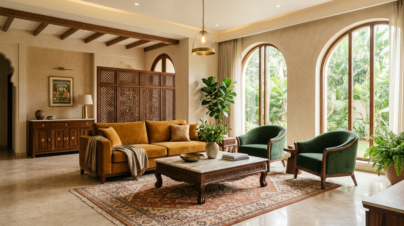Handcrafted solid teak luxury sofa and marble coffee table by Zaioraa in a modern Indian penthouse living room