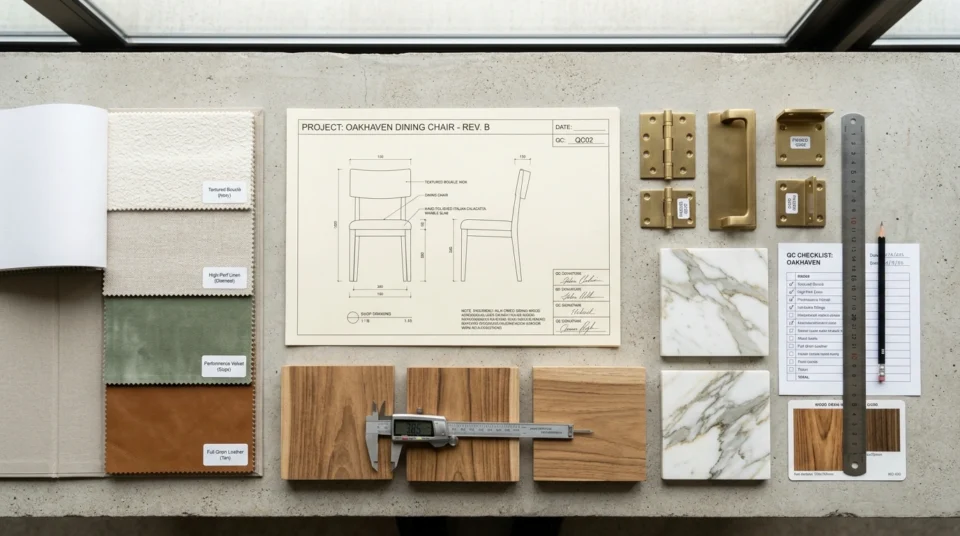Kiln-dried hardwood timber and natural stone material selection for custom furniture production
