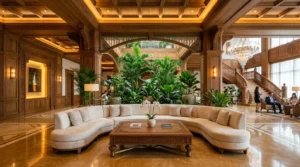 Luxury 5-star hotel lobby featuring handcrafted solid teak wood furniture, custom sofa set, and carved timber coffee table by Zaioraa