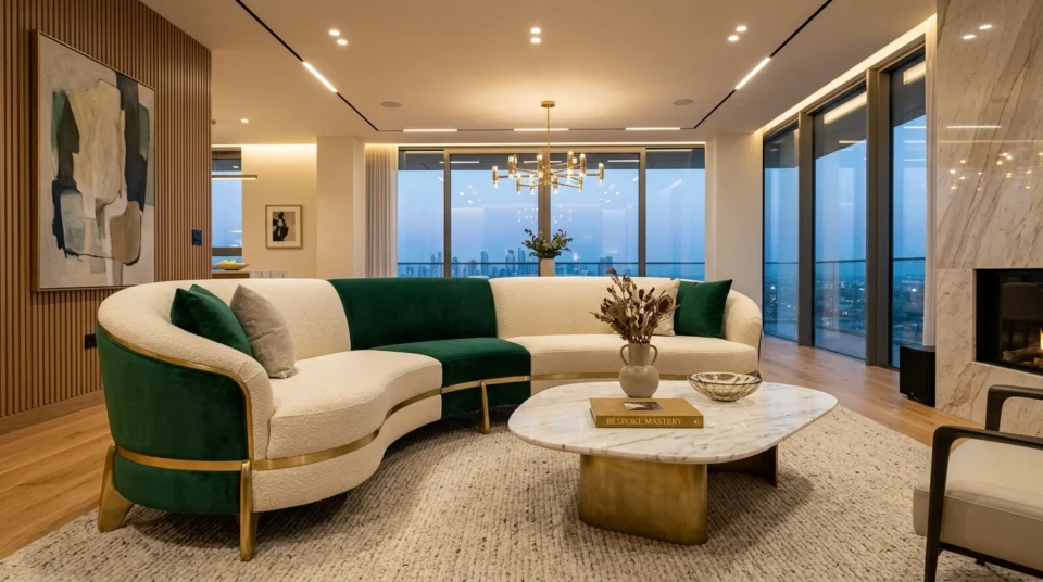 High-end luxury furniture manufacturer showcasing custom velvet upholstery and brushed brass detailing