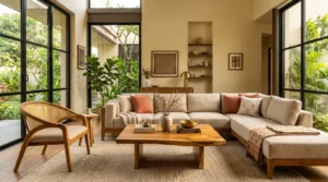 Handcrafted teak wood living room furniture set featuring a low-profile linen sofa, sculptural accent chair, and solid coffee table in a modern sunlit villa living room.