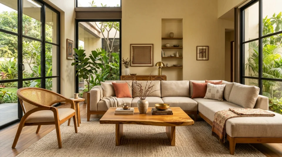 Handcrafted teak wood living room furniture set featuring a low-profile linen sofa, sculptural accent chair, and solid coffee table in a modern sunlit villa living room.