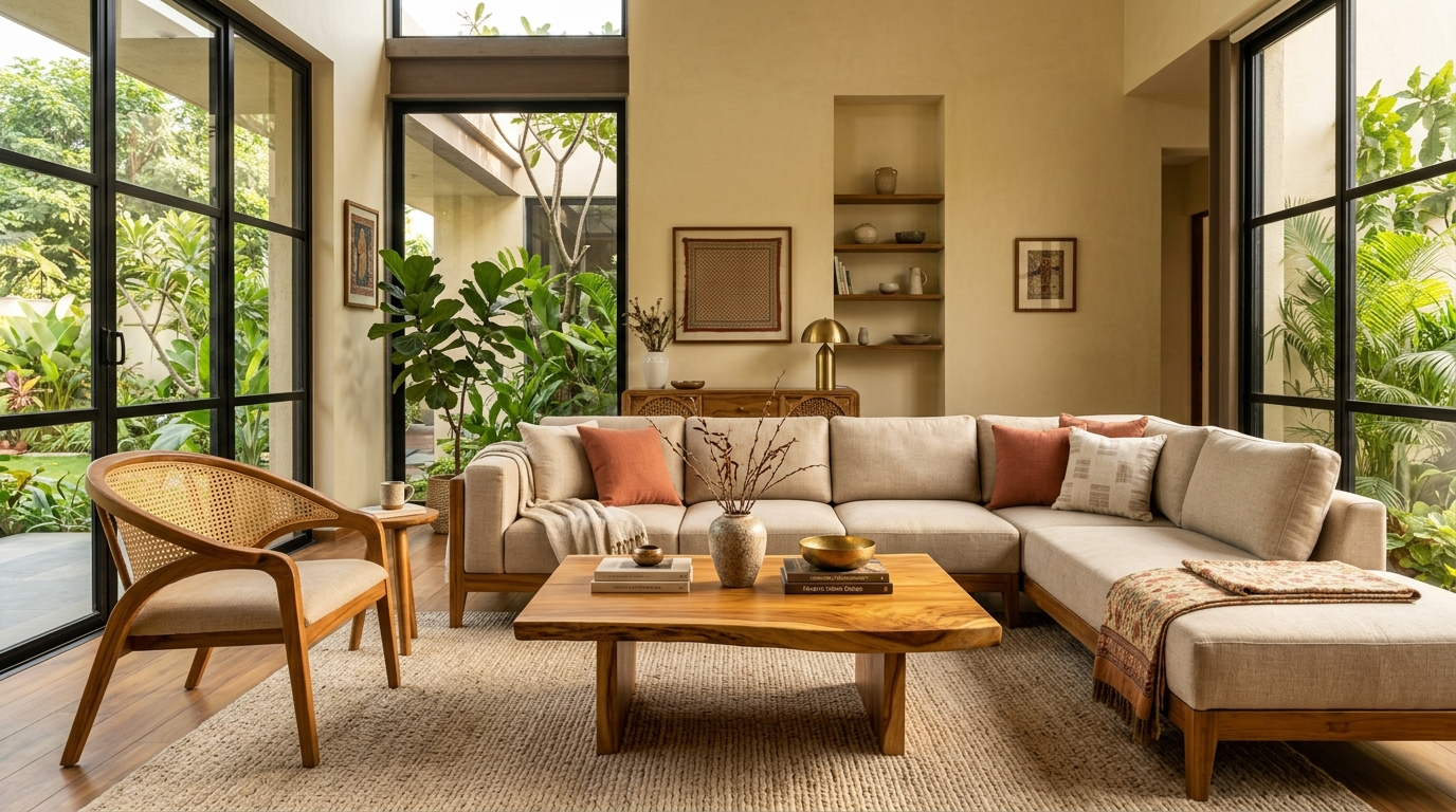 Handcrafted teak wood living room furniture set featuring a low-profile linen sofa, sculptural accent chair, and solid coffee table in a modern sunlit villa living room.