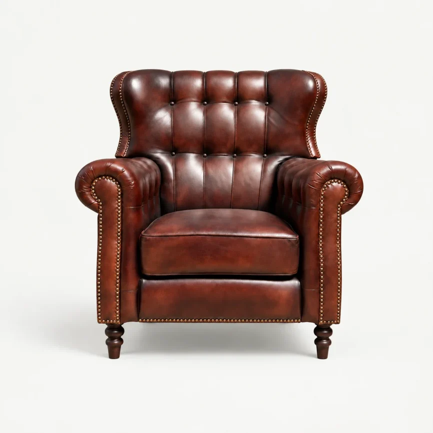 Zaioraa Houston deep reddish brown leather chesterfield wing chair